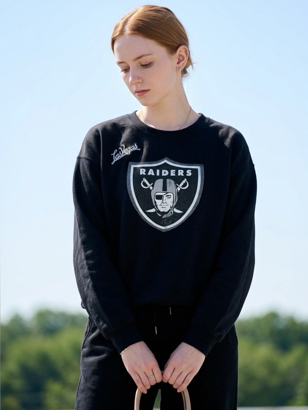 Upcycled Raiders Black Crewneck Sweatshirt with White Shield Logo